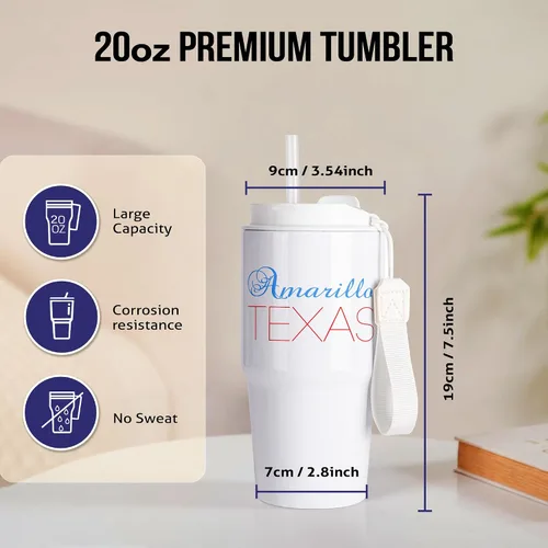 Vista 2 de 3dRose, Amarillo, Texas, red, blue text. Patriotic home town design, 20oz Tumbler