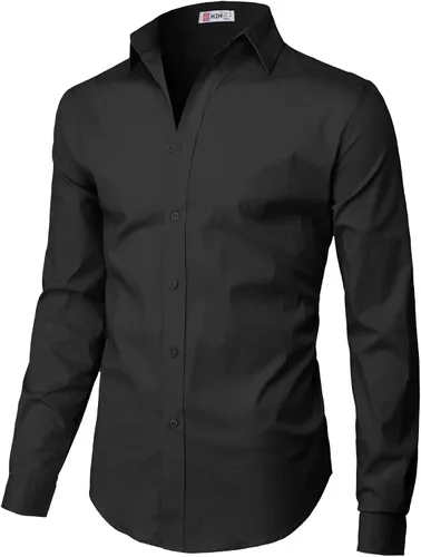 Vista 2 de H2H Camisas de vestir ajustadas para hombre, elásticas, de manga larga, básicas, formales, lisas, informales, para negocios, camisas con botones