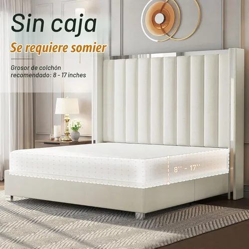 Vista 5 de Jocisland Base de cama tapizada tamaño King con cabecera de 58 pulgadas de Crema