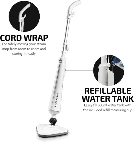Vista 3 de OVENTE Limpiador de trapeador de vapor eléctrico, vaporizador de piso de 1300 W con cabezal giratorio, tanque de agua recargable y almohadilla