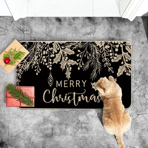 Vista 5 de Artoid Mode Alfombra de Puerta con Vistoso Vistoso de Muérdago y Acebo Negro, Feliz Navidad, Decoración de Hogar de Invierno de Bajo Perfil