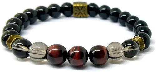 Vista 3 de Pulsera unisex para hombre y bienestar con piedras preciosas para energía positiva/fuerza/valor/con cristales naturales ónix negro, cuarzo ahumado