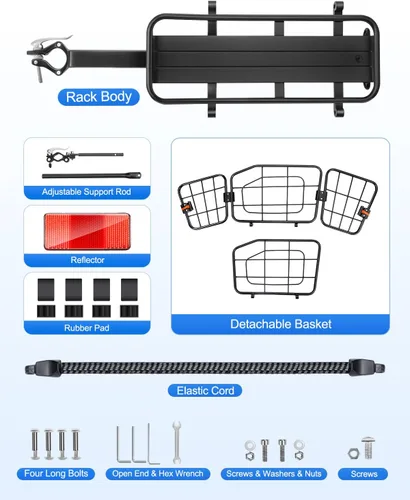 Vista 5 de Cesta trasera para bicicleta, estante de carga de aluminio para bicicleta, cesta de bicicleta de capacidad de 22 litros, plegable y extraíble