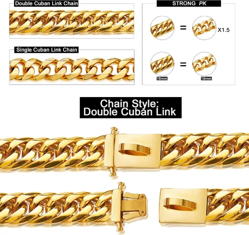 Vista 4 de Collar de perro con cadena de oro de 0.630 in, collar de perro de eslabones cubanos de oro de 18 quilates con hebilla de cierre seguro, cadena