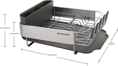 Vista 5 de KitchenAid Escurridor de platos compacto que ahorra espacio, resistente al óxido, con tabla de drenaje inclinada de autodrenaje y organizador de Gris
