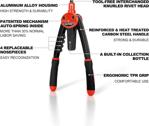 Vista 2 de HAUTMEC Remachadora con diseño automático de rebote que ahorra mano de obra, herramienta de remache de 13" con 5 boquillas intercambiables sin