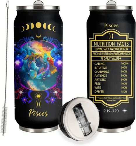 Vista 17 de Aquarius - Vaso de acero inoxidable del zodiaco para hombres y mujeres, regalo de cumpleaños para fanáticos de la astrología con tapa con pajilla