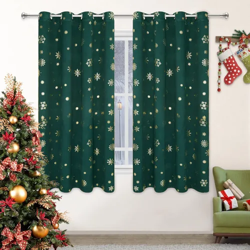 Vista 9 de FRAMICS Cortinas de Navidad con estampado de copos de nieve dorados en papel de aluminio, cortinas opacas con aislamiento térmico para sala de estar