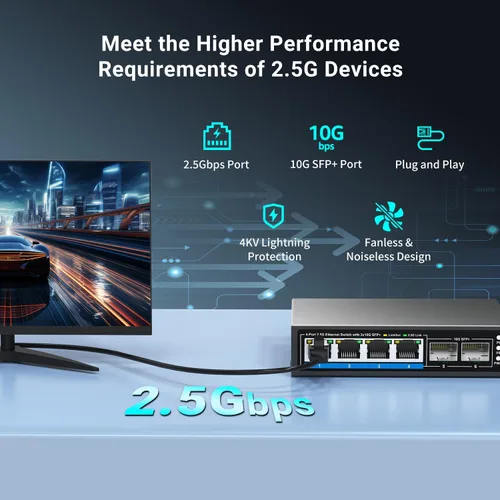 Vista 4 de GiGaPlus Switch Ethernet No Administrado de 6 Puertos 2.5Gb con 4 Puertos Base-T de 2.5G, 2 Puertos SFP+ de 10G. Switch de Red de 2.5Gbps