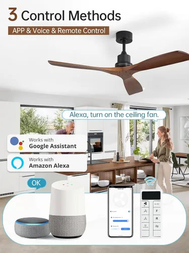 Vista 2 de Sofucor - Ventilador de techo inteligente de 52 pulgadas sin luz - Ventilador de techo moderno de madera maciza para exteriores con 3 aspas sin luz