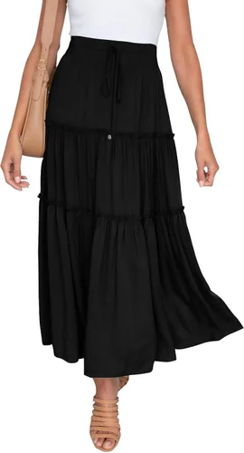 Vista 5 de Falda larga de cintura alta elástica para mujer, estilo bohemio, con volantes, acampanado, falda larga floral