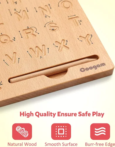 Vista 6 de Coogam Tabla de práctica de letras de madera, herramienta de rastreo del alfabeto de doble cara, herramienta de aprendizaje de escritura ABC, juego