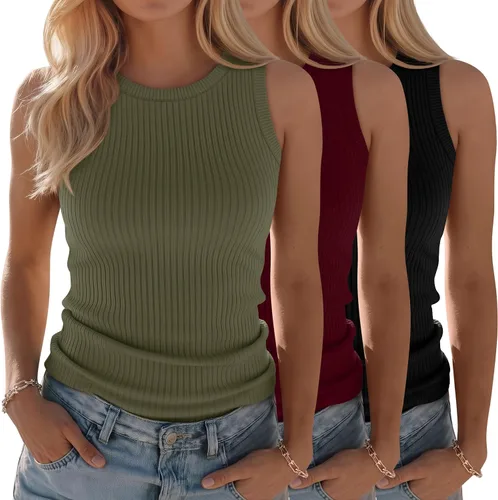 Vista 14 de Paquete de 3 camisetas sin mangas de algodón para mujer, de punto acanalado, casuales, básicas, de cuello redondo, ajustadas, de verano, con espalda