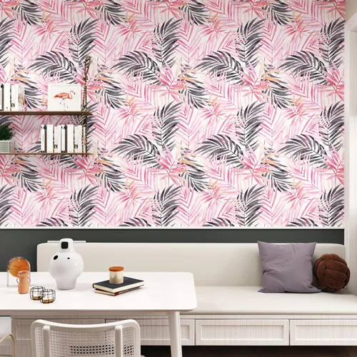 Vista 5 de Papel tapiz de hojas bohemias para despegar y pegar, papel de contacto extraíble de palmera rosa y negra para armarios, papel tapiz floral tropical