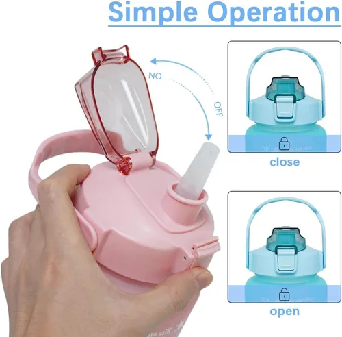 Vista 3 de Botella de agua de gran capacidad de 64 onzas con marcadores de tiempo motivacionales y pajilla, portátil, a prueba de fugas, sin BPA para fitness
