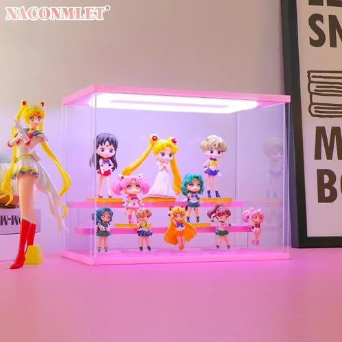 Vista 4 de Vitrina de acrílico transparente para figura de acción Pop Mart, vitrina Funko Pop a prueba de polvo con iluminación, múltiples capas para Rosa