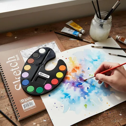Vista 5 de BAZIC - Juego de acuarela con pincel, 12 colores no tóxicos, para diversión de pasatiempos, suministros de arte de colores vibrantes, regalo