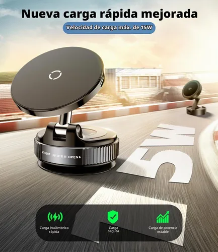 Vista 3 de Soporte magnético para teléfono de coche de carga rápida de 15 W [nueva ventosa elástica al vacío] Cargador inalámbrico ajustable de 360°
