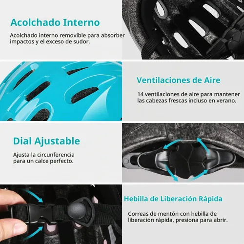 Vista 4 de Casco de bicicleta para niños pequeños, casco multideportivo ajustable para niños y niñas Azul Aqua