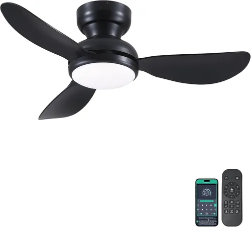 Vista 10 de Kviflon Ventiladores de techo de 46 pulgadas modernos con luces, ventilador de techo de montaje empotrado con control remoto/APP, 3 aspas curvas