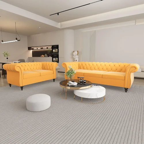 Vista 18 de QHITTY Juego de 2 piezas para sala de estar, Sofá Seccional Chesterfield Silla Contemporáneo Tapizado de Terciopelo Loveseat Juego de Sofás