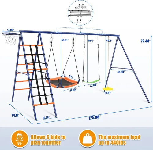 Vista 6 de Juego de columpios para patio trasero, juego de columpio de 550 libras con soporte de metal resistente con marco en A, juego de columpios 6 en 1