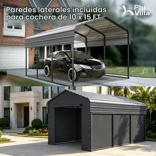 Vista 4 de PHI VILLA 10 x 15 Cochera metálica resistente con techo de acero galvanizado con kit de cierre lateral, cochera metálica robusta para autos, botes