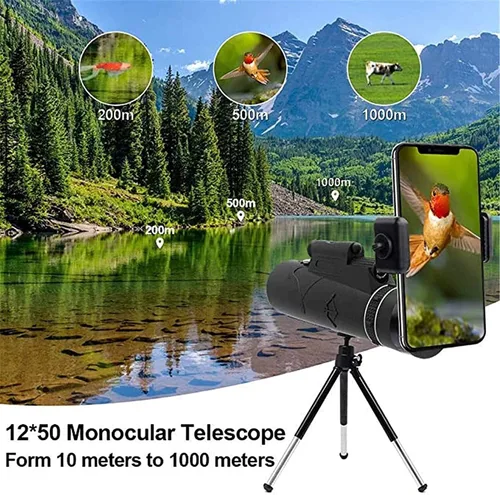 Vista 3 de 12x 50 HD Monocular Telescope with LED Flashlight Night and Phone Holder Tripod for Bird Watching, Hunting, Hiking, Concert, Travel