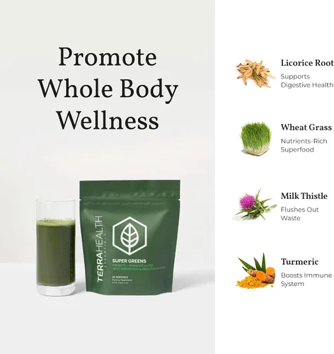 Vista 5 de Terra Health Essentials Super Greens Polvo orgánico de superalimentos verdes Probióticos aptos para el intestino sin gluten 30 porciones