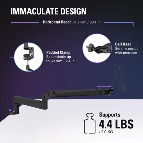 Vista 6 de Elgato Wave Mic Arm LP - Brazo de micrófono de perfil bajo premium con canales de gestión de cables, abrazadera de escritorio, montaje versátil