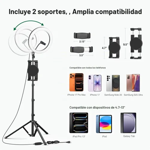 Vista 2 de Elitehood Anillo de luz de 12 pulgadas con soporte de trípode (72 pulgadas de alto) y soporte para iPad/teléfono, luces LED de círculo para selfie