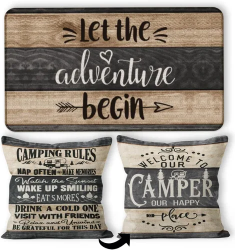 Vista 10 de Tapete para puerta de campamento, 30 x 17 pulgadas, para interiores, regalos de cámper, decoraciones de caravana, color negro, deja que la aventura