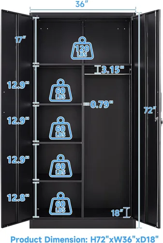 Vista 3 de STANI Gabinete de almacenamiento de metal, gabinete de almacenamiento de metal con bloqueo de 72 pulgadas con estantes y barra para colgar, gabinete