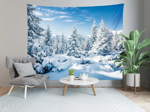 Vista 3 de Loccor - Tapiz de invierno, tapiz de montaña de invierno, escena de pinos blancos, colgante de pared, paisaje natural, tapices, arte de pared