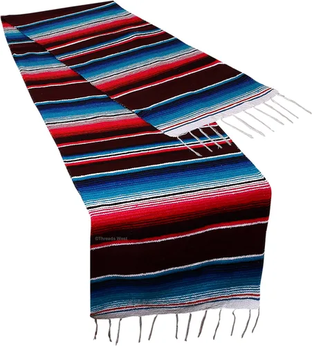 Vista 3 de Camino de mesa colorido a rayas fabricado en México 83x14 pulgadas.