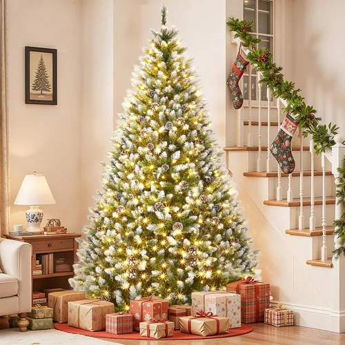 Vista 18 de Árbol de Navidad artificial flocado de nieve de 6 pies, árbol de Navidad delgado sin luz con piñas, puntas de ramas de PVC, soporte de metal