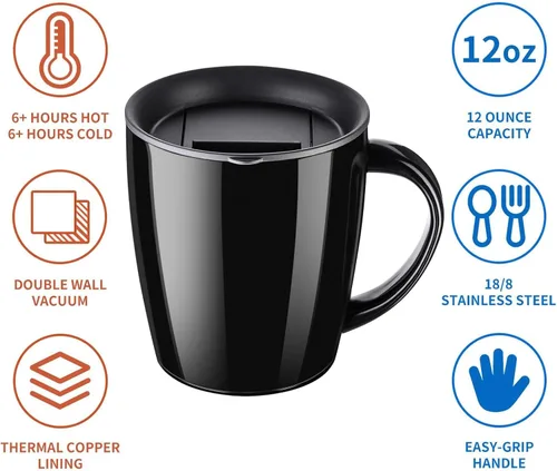 Vista 5 de PARACITY Taza de café aislada de acero inoxidable con tapa y asa, taza de viaje con doble pared, taza de camping con tapa deslizante para hombres