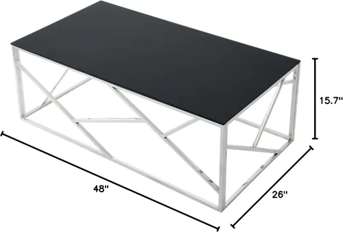 Vista 2 de Mesa de centro rectangular moderna de vidrio con parte superior de cristal templado negro y marco de acero inoxidable para sala de estar