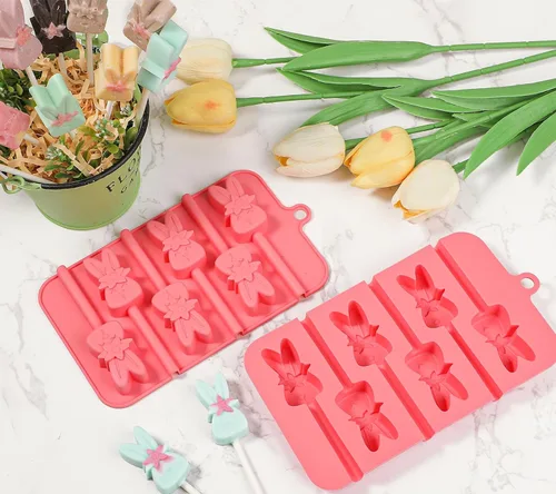 Vista 7 de Webake Moldes de piruleta de conejo para dulces de chocolate, 6 agujeros de silicona de conejo con palitos de piruleta, bonitos moldes de Pascua