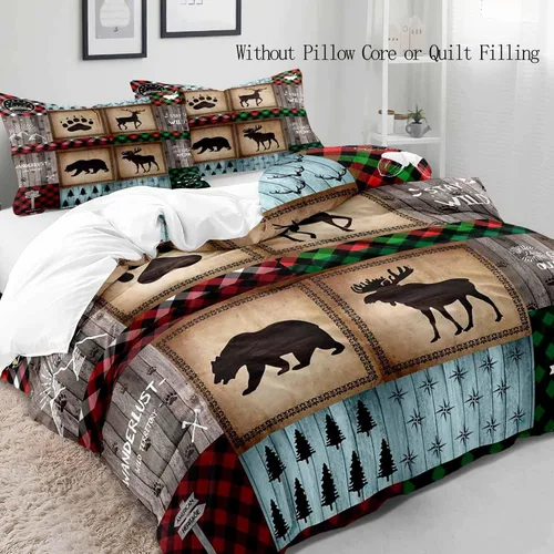 Vista 3 de LUVIVIHOME Juego de funda de edredón de 2 piezas, diseño de oso y alce, ciervo, ciervo, ropa de cama de cabaña, ropa de cama rústica de granja
