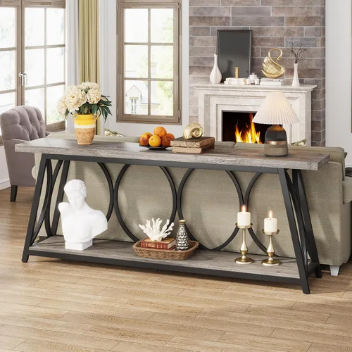 Vista 6 de Tribesigns Mesa consola extra larga de 70.9 pulgadas, mesa de sofá industrial detrás del sofá con estante de almacenamiento de 2 niveles, mesa