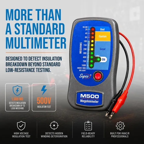 Vista 7 de Supco M500, medidor de aislamiento, megóhmetro electrónico con estuche suave portátil, de 0 a 1000 megohms Probador de aislamiento eléctrico