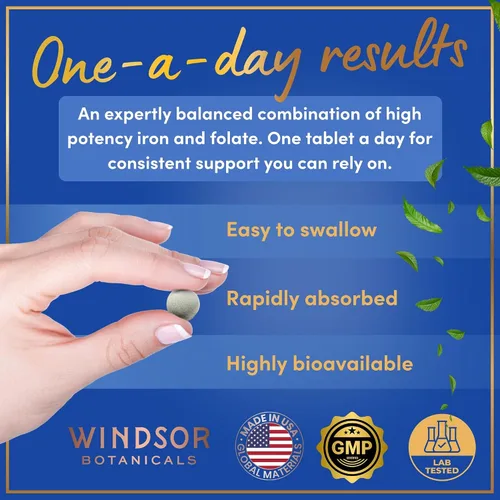 Vista 4 de Suplemento de hierro para mujeres con ácido fólico, suministro de píldoras de hierro para mujeres de Windsor Botanicals, anemia, período, apoyo al