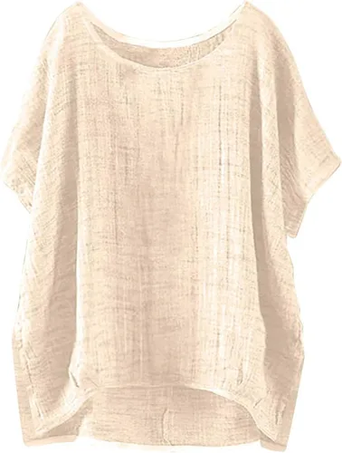 Vista 10 de Nantdog Summer Tops for Women 2025 Short Sleeve Crew Neck Linen Cotton Shirts Plus Size Gauze Casual Dressy Blouse Outfits