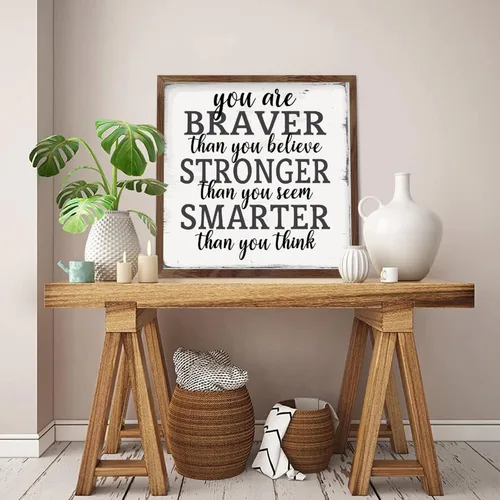 Vista 5 de Farmhouse Rustic Wood Framed Signs 7x7 Inch,Youre Braver Than You Believe Wooden Sign with Frame Modern Wood Sign Wall Plaque Art for Kitchen
