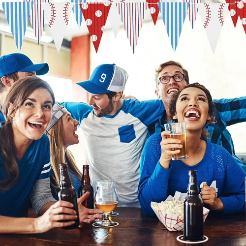 Vista 4 de VitalCozy 4 banderines de béisbol de 131 pies, decoraciones de fiesta, banderas triangulares de béisbol, banderines para pelota estadounidense