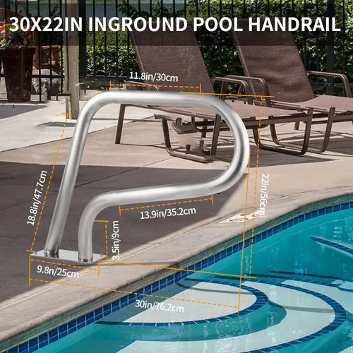 Vista 2 de 304SS Pasamanos de piscina con cubierta azul antideslizante - Barandilla de piscina enterrada de 30 x 22 pulgadas