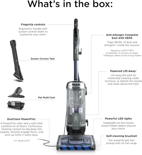 Vista 10 de Shark AZ2001AMZ Vertex DuoClean PowerFins Aspiradora vertical, con sistema elevador eléctrico y cepillo autolimpiable, Lila Oscuro, 1 qt