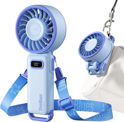 Vista 10 de Diveblues Ventilador turbo portátil, ventilador de mano de 100 velocidades con fuerte flujo de aire, ventilador personal plegable 4 en 1