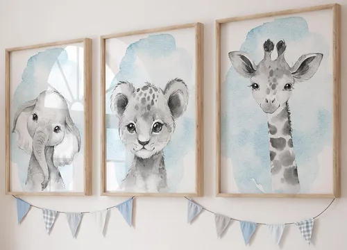 Vista 10 de Safari Animals - Juego de 3 impresiones artísticas de pared sin marco, carteles de animales grises con pajarita azul, elefante jirafa león, póster